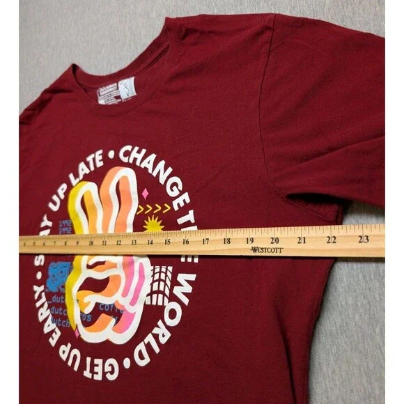 Dutch Bros Coffee Men Shirt XL Red Peace Sign Stay Up late Change the World - Picture 6 of 7